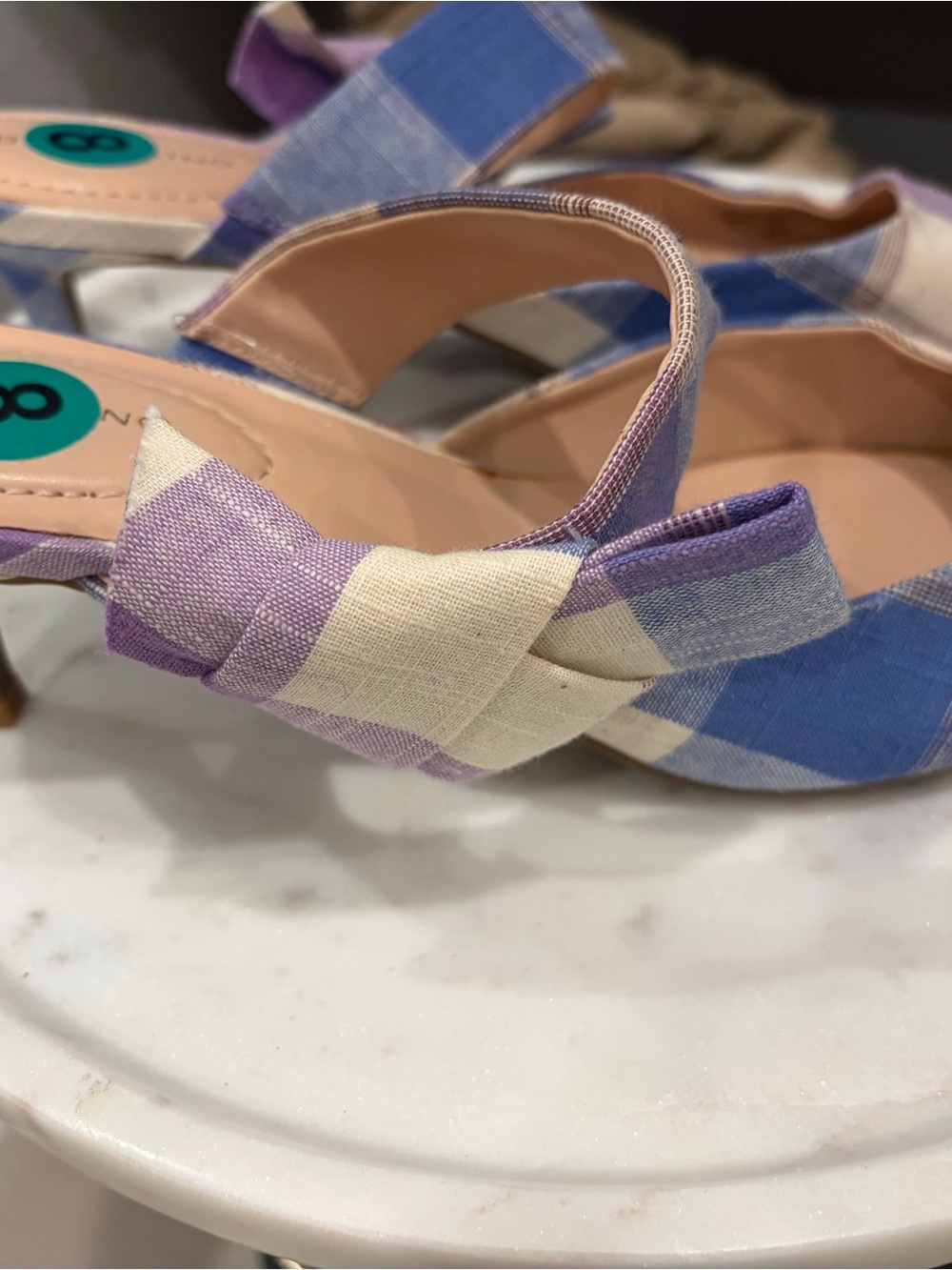 Plaid Bow Strap Heeled Sandals in Lavender and Cream